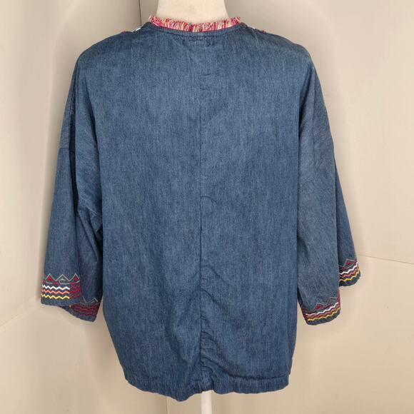 Falls Creek EUC denim embroidered Aztec open jacket kimono sleeves Medium blue - Picture 3 of 15